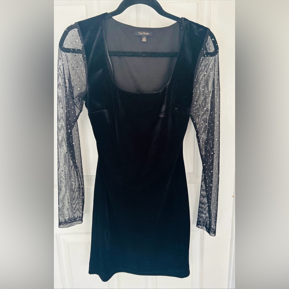 Elegant Black Velvet Mini Dress with Sheer Sleeves Y2K Whimsigoth